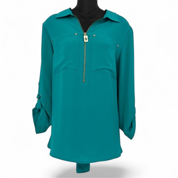 Michael Kors Tops - Michael Kors Teal Blue Green Zip Blouse Gold Detail Size Large